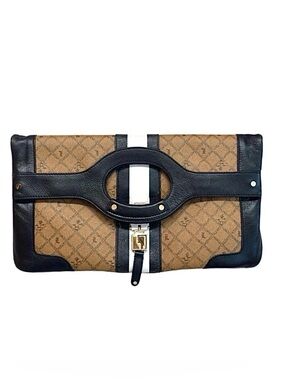 L.A.M.B. ~ Large Tan Clutch/Handbag Dark Brown Trim Black Striped Interior
